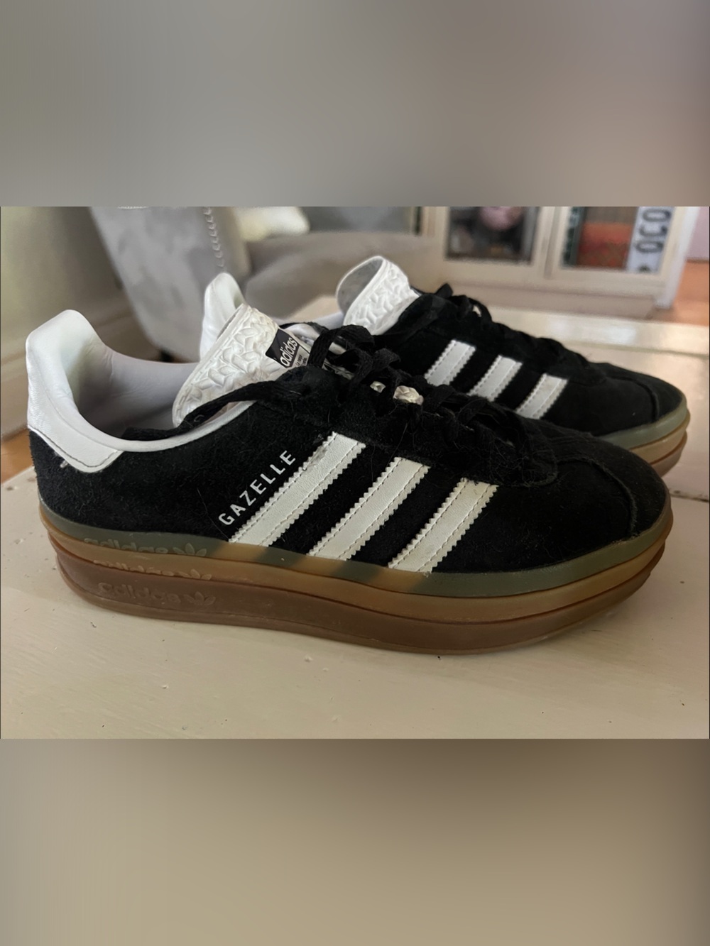 adidas Gazelle Black & White Suede Sneakers with Gum Sole platform